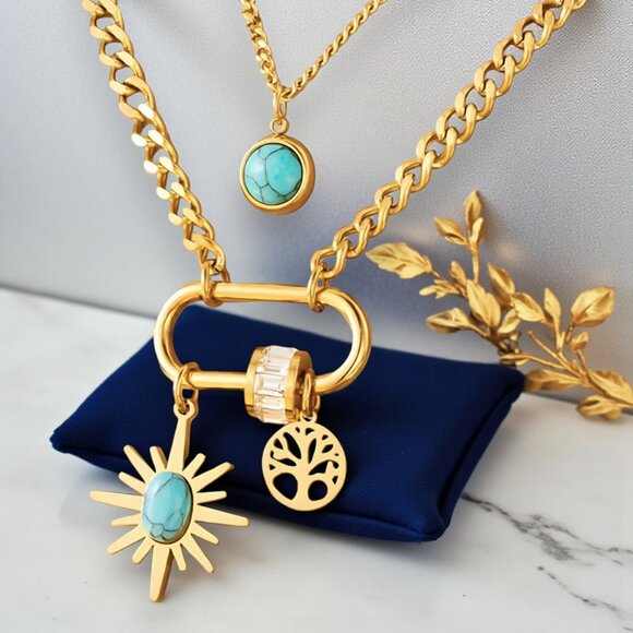 🆕️18K Gold Plated Turquoise Layered Necklace with Charms Sparkling Zirconia - Picture 5 of 10